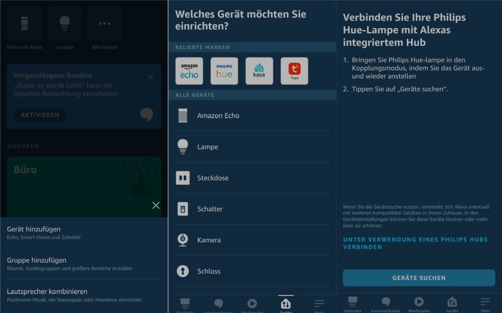 Screenshots aus der Alexa App, die das Einrichten eines Smarthome-Geräts zeigen.