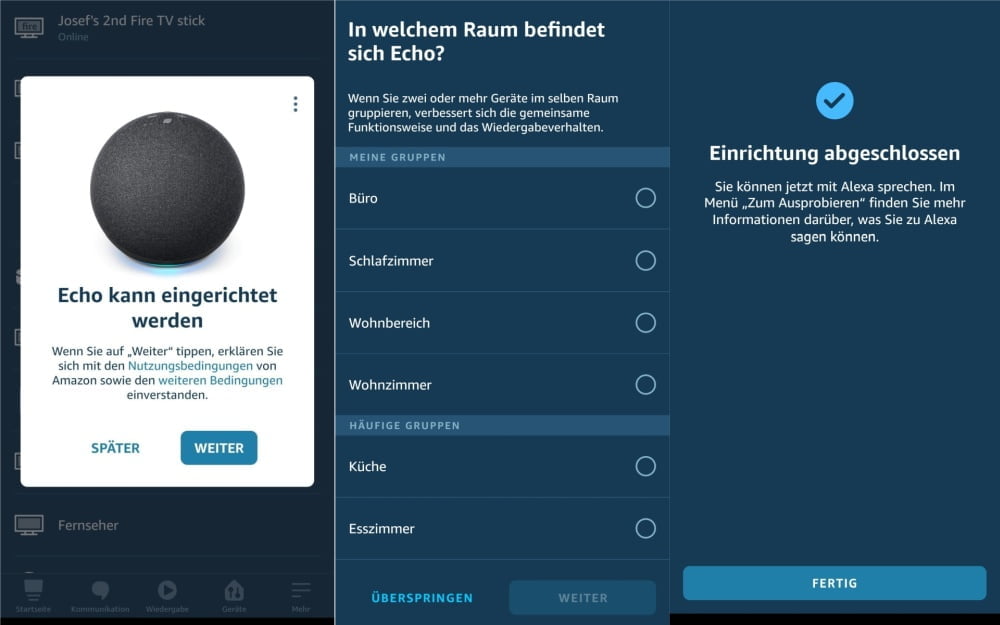 Screenshots aus der Alexa App, die das Einrichten eines Echo-Geräts zeigen.
