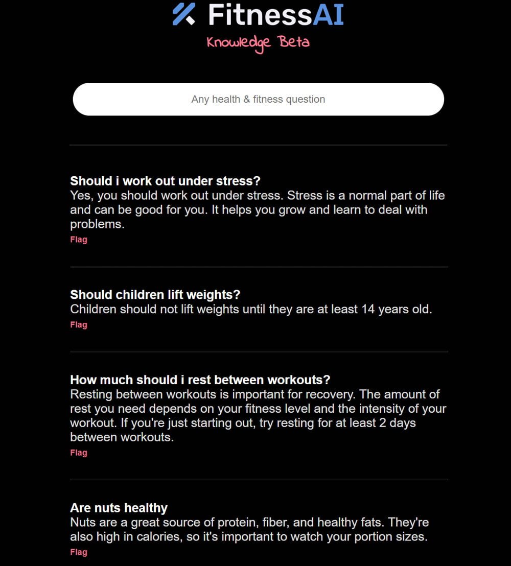 Screenshot von FitnessAI Knowledge Beta