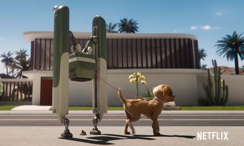 Ein Hundekotroboter läuft einem Hund nach und sammelt seinen Kot ein