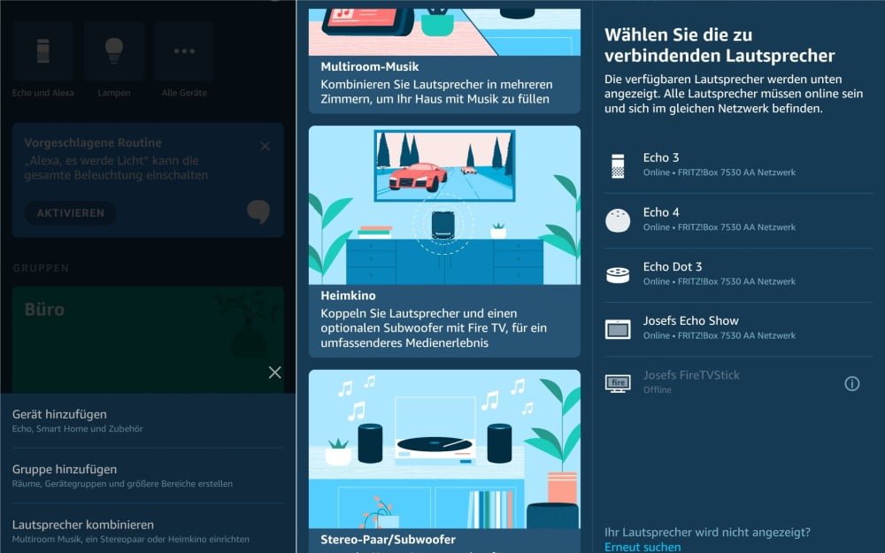 Screenshots aus der Alexa App, die das Einrichten der Multiroom-Musikwiedergabe zeigen.
