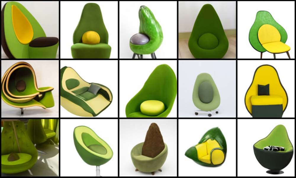 KI-generierte Bilder eines Sessels in Avocado-Form.