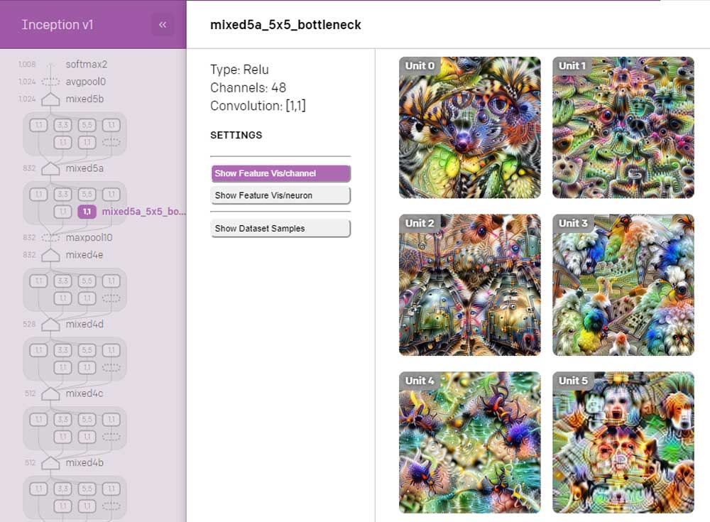 Das Bildanalysemodell Inceptionv1 unter dem OpenAI Microscope: Der Blick in einzelne Neuronen ist manchmal etwas unheimlich. Praktisch f&uuml;r wissenschaftliche Diskussionen ist die direkte Verlinkung. Bild: OpenAI (Screenshot)