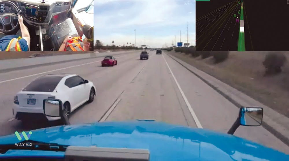 Der Blick durch das Cockpit eines autonom fahrenden Trucks.