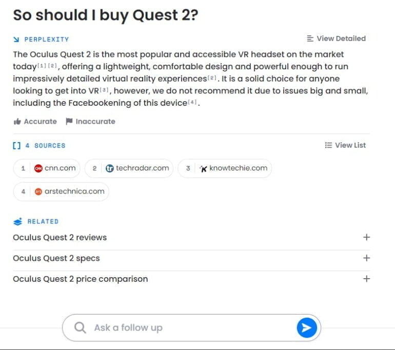Screenshot des Such-Interface von Perplexity.ai. Sichtbar ist die Antwort auf die Frage, ob man Quest 2 kaufen solle. Die Suchmaschine rät letztlich ab.