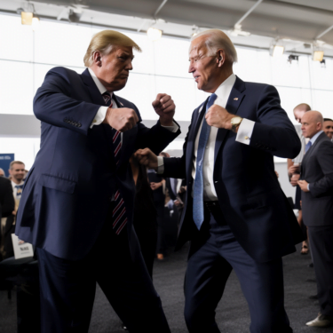 Trump und Biden sehen sich wie Boxer gegenüber, die Szene wirkt aber eher freundlich spielerisch.