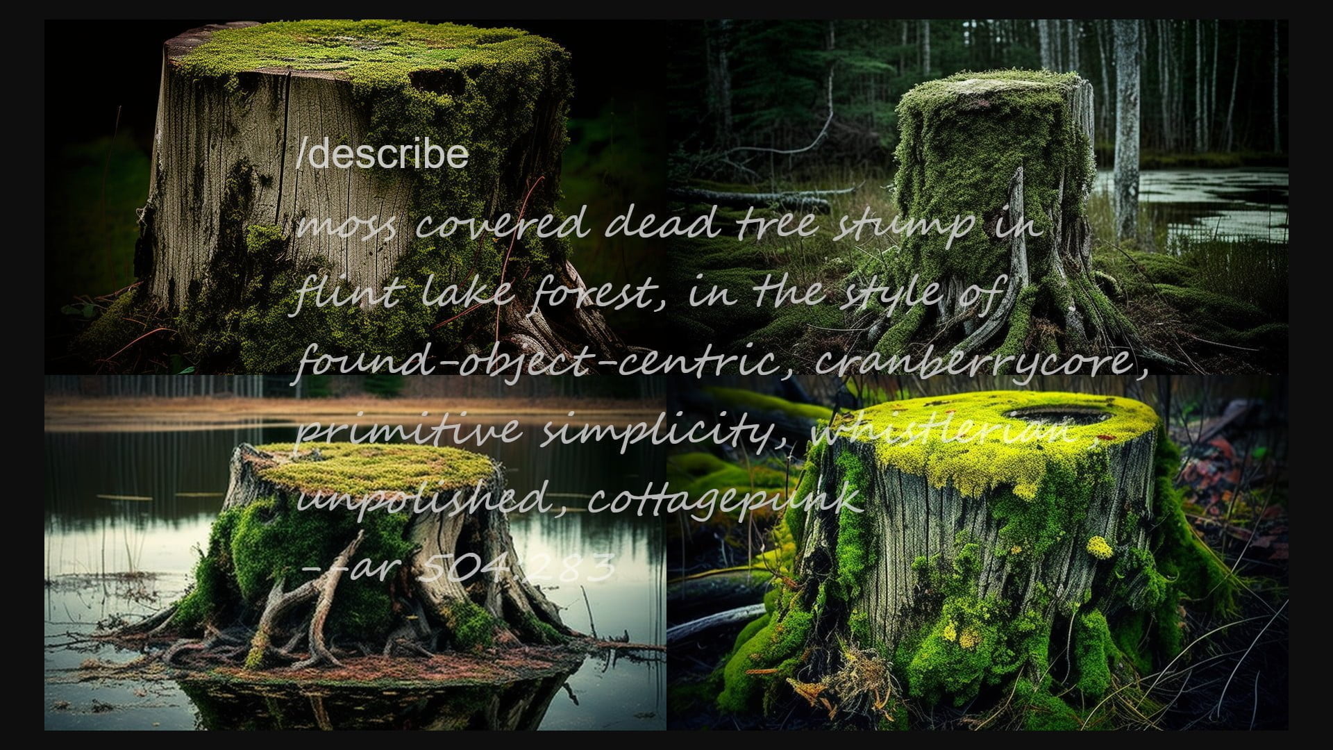 Dies ist ein Midjourney-Beispiel, das die Texterstellung und die Bildergebnisse zeigt.
