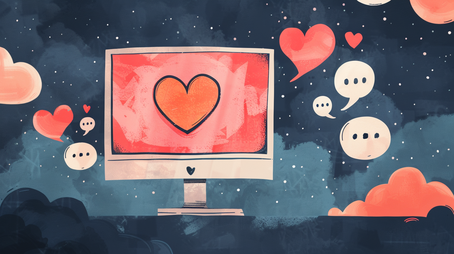 AI-Illustration mit einem Desktop-Computer in der Mitte, der ein rotes Herz zeigt, umgeben von weiteren Herzen und Chat-Blasen.
