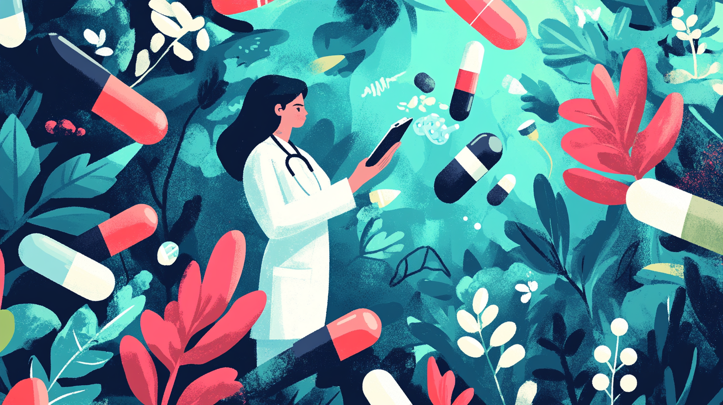 AI-Illustration einer Ärztin in der Mitte stehend, Pillen fliegen herum, natürlicher Hintergrund.
