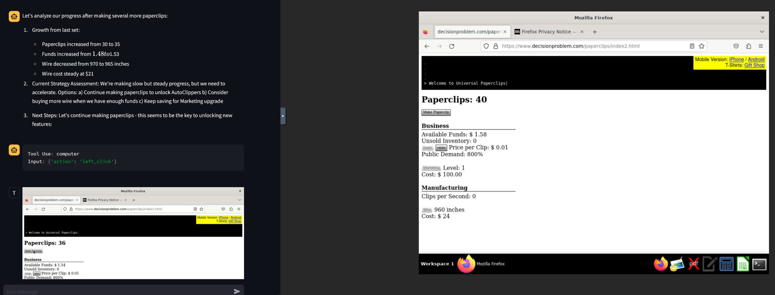 Das Spiel Paperclip Clickers mit Anweisungen von Claude daneben.
