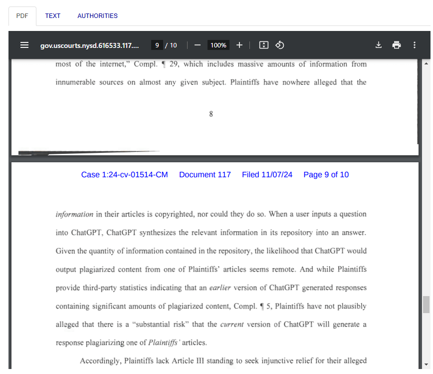 Gerichtsdokument zeigt Ausschnitt einer Urteilsbegründung zur Abweisung einer Urheberrechtsklage gegen ChatGPT wegen Trainingsdaten.