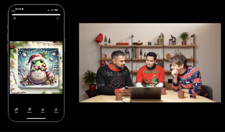 Drei Personen in Weihnachtspullovern sitzen an einem Tisch mit Laptop, umgeben von weihnachtlich dekoriertem Bücherregal und Kaffeetassen.