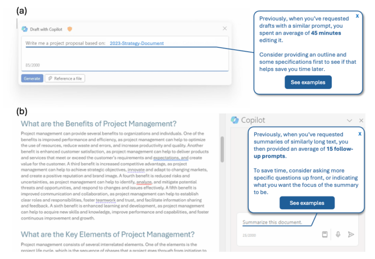 Zwei Screenshots der Copilot-Oberfläche zeigen Produktivitäts-Tipps: Ein Hinweis zur durchschnittlichen Bearbeitungszeit von 45 Minuten und eine Empfehlung für effizientere Zusammenfassungen.