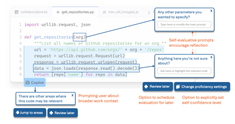Python-Code-Snippet mit GitHub Copilot-Integration, selbstevaluierenden Prompts und Annotations-Overlays für Repository-API-Abfragen.