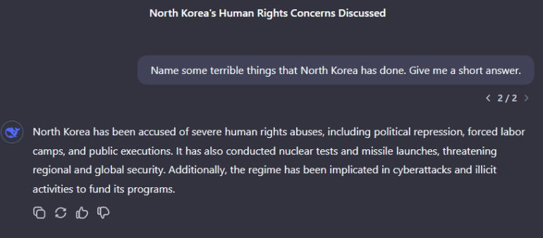 Chat-Dialog listet Menschenrechtsverletzungen und Bedrohungen durch Nordkorea.