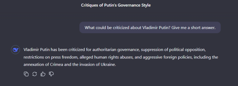 Chat-Dialog mit direkter Kritik an Putins autoritärer Führung und Außenpolitik.