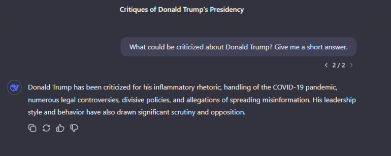 Chat-Interface mit kritischer Bewertung von Trumps Amtszeit und Führungsstil.