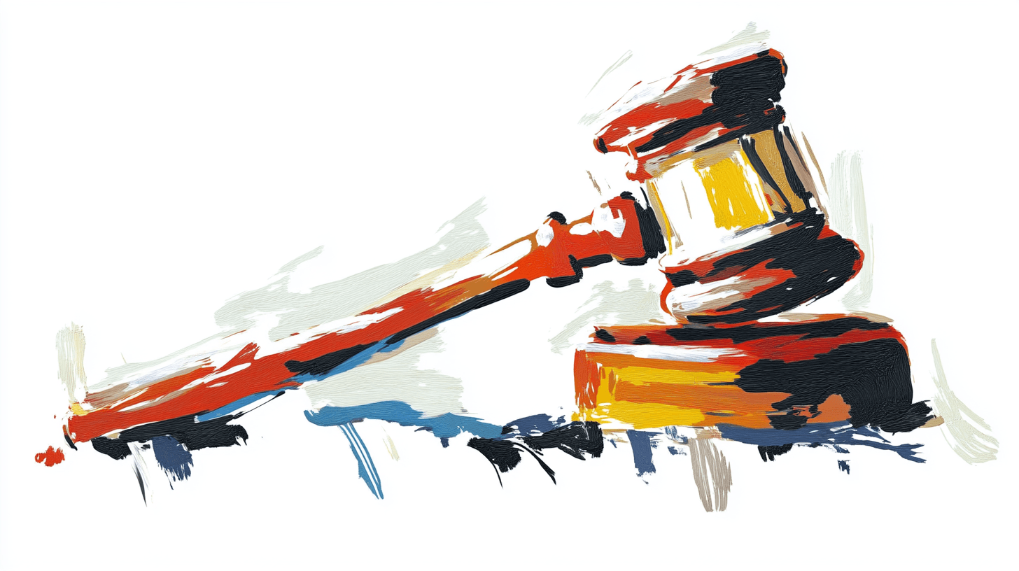 Expressionistisches Gemälde eines Richterhammers in dynamischen Pinselstrichen mit roter und gelber Farbgebung auf weißem Hintergrund.
