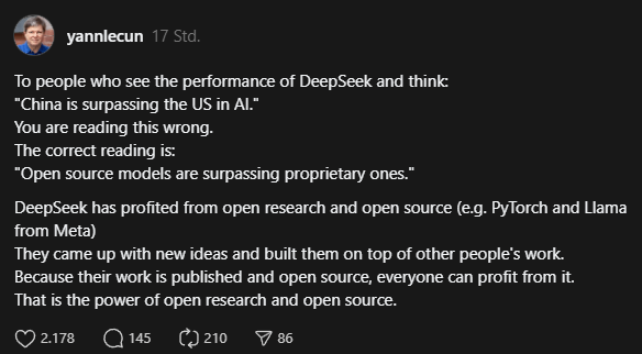 Screenshot: Threads-Post von Yann LeCun über DeepSeeks KI-Entwicklungen und deren Einfluss auf den Markt