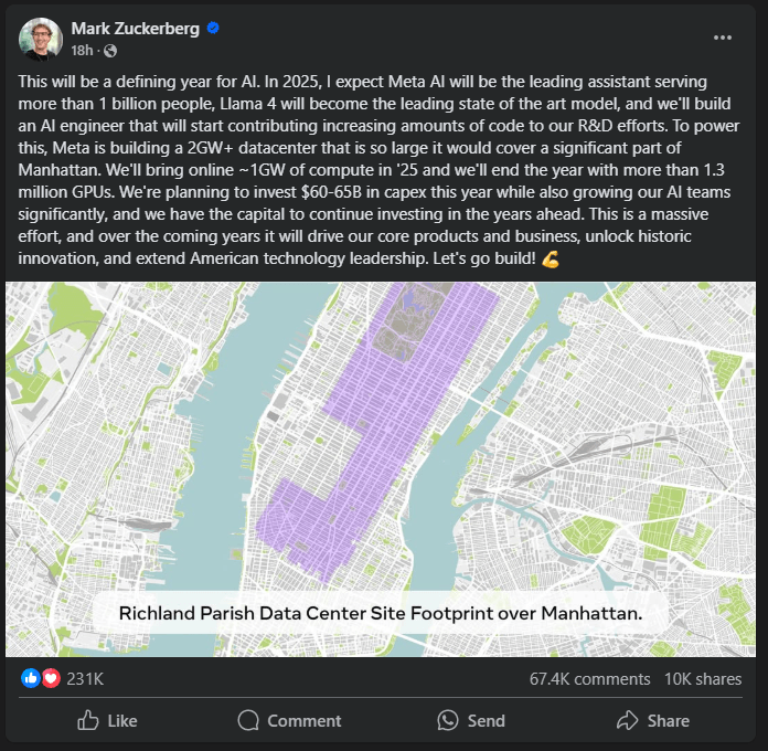Screenshot eines Facebook-Posts von Meta-CEO Mark Zuckerberg. Größe des geplanten Meta-Rechenzentrums überlagert auf Manhattans Karte zeigt massive Ausmaße.