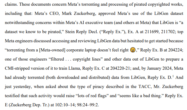 Gerichtsdokument-Ausschnitt mit Text über Metas Verwendung der LibGen-Datenbank und interne Diskussionen über Copyright-Bedenken.