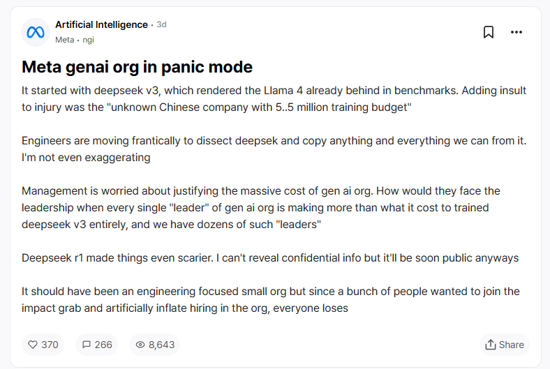 Screenshot eines Social Media Posts über Metas interne Reaktion auf DeepSeek's KI-Fortschritte und Kostendruck.