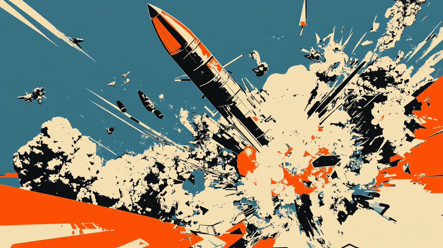 Stilisierte Illustration einer explodierenden Rakete im Weltraum, orange-schwarzes Farbschema mit dramatischen Explosionseffekten auf türkis-blauem Hintergrund.
