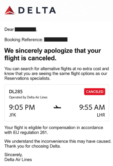 Screenshot einer gefälschten Flugabsage.