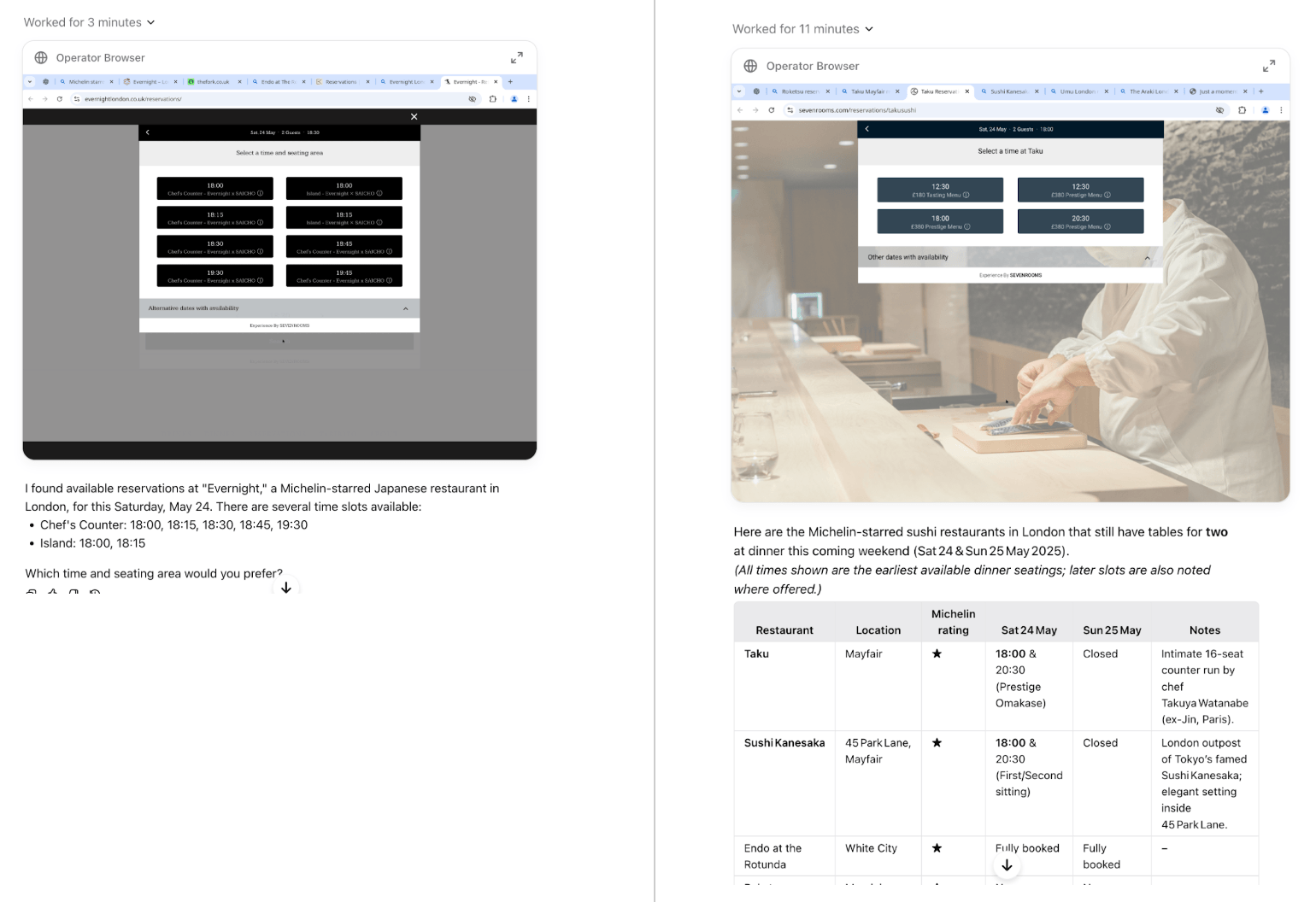 KI 'Operator Browser': Screenshots von Michelin-Restaurantbuchungen mit Zeitfenstern in Web-Oberflächen.