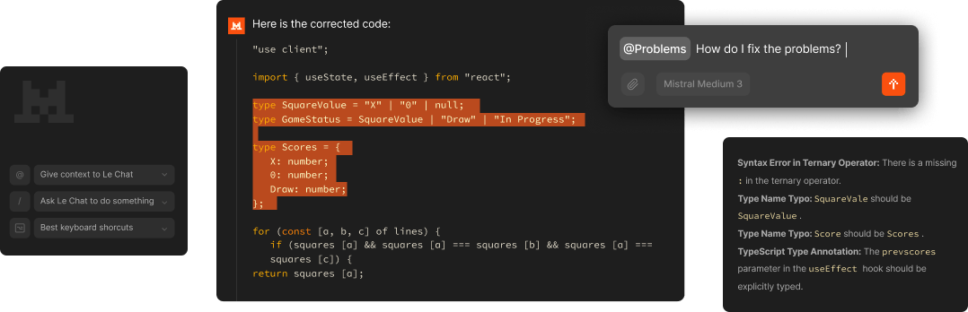 Screenshot: KI-Coding-Assistent-Oberfläche zeigt korrigierten Code, Fehlerliste und Chat-Eingabe zur Problemlösung.