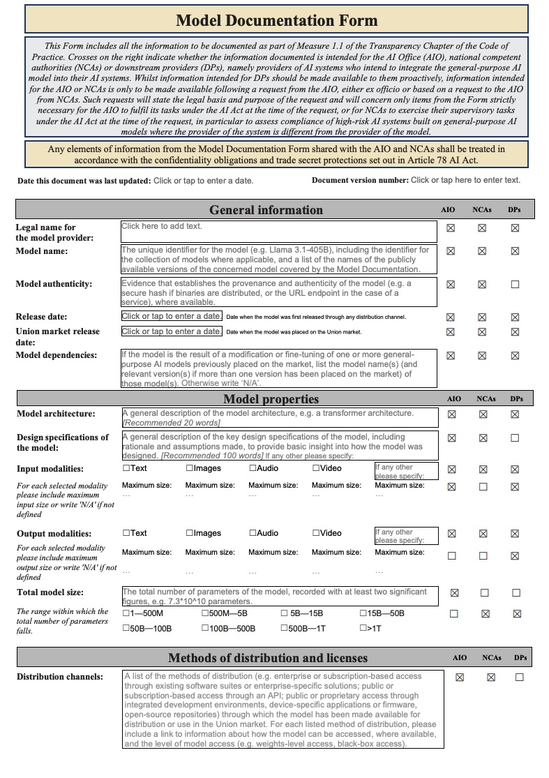 Auszug aus dem Model Documentation Form des Code for Practice der EU-Kommission für große KI-Modelle