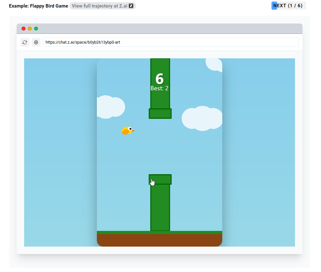 Browser-Screenshot eines Flappy Bird-Klons bei chat.z.ai mit Punktestand 6 und Bestwert 2.