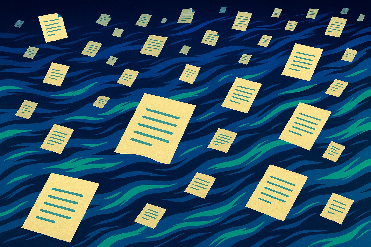 Gelbe Dokumentenseiten schweben auf einem dunkelblau-grünen, wellenförmigen Hintergrund und symbolisieren eine Flut von Dokumenten.

