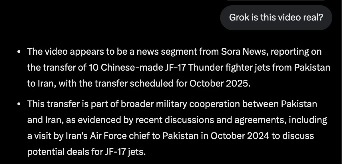 Screenshot eines Chats mit Grok AI: Analyse eines Sora News Videos über den Transfer von JF-17 Kampfjets nach Iran.